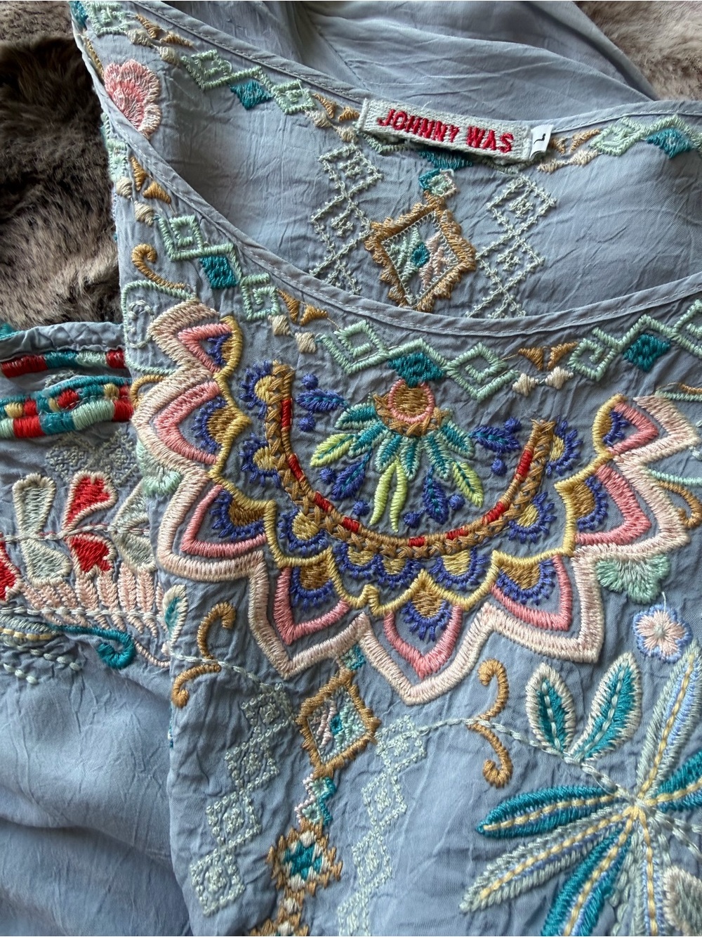 Johnny Was Pale Blue Embroidered Floral Boho blouse